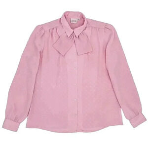 00s Pink Bow Tie Polka Dot Long Sleeve Blouse Medium Long Puff Sleeve Top Office